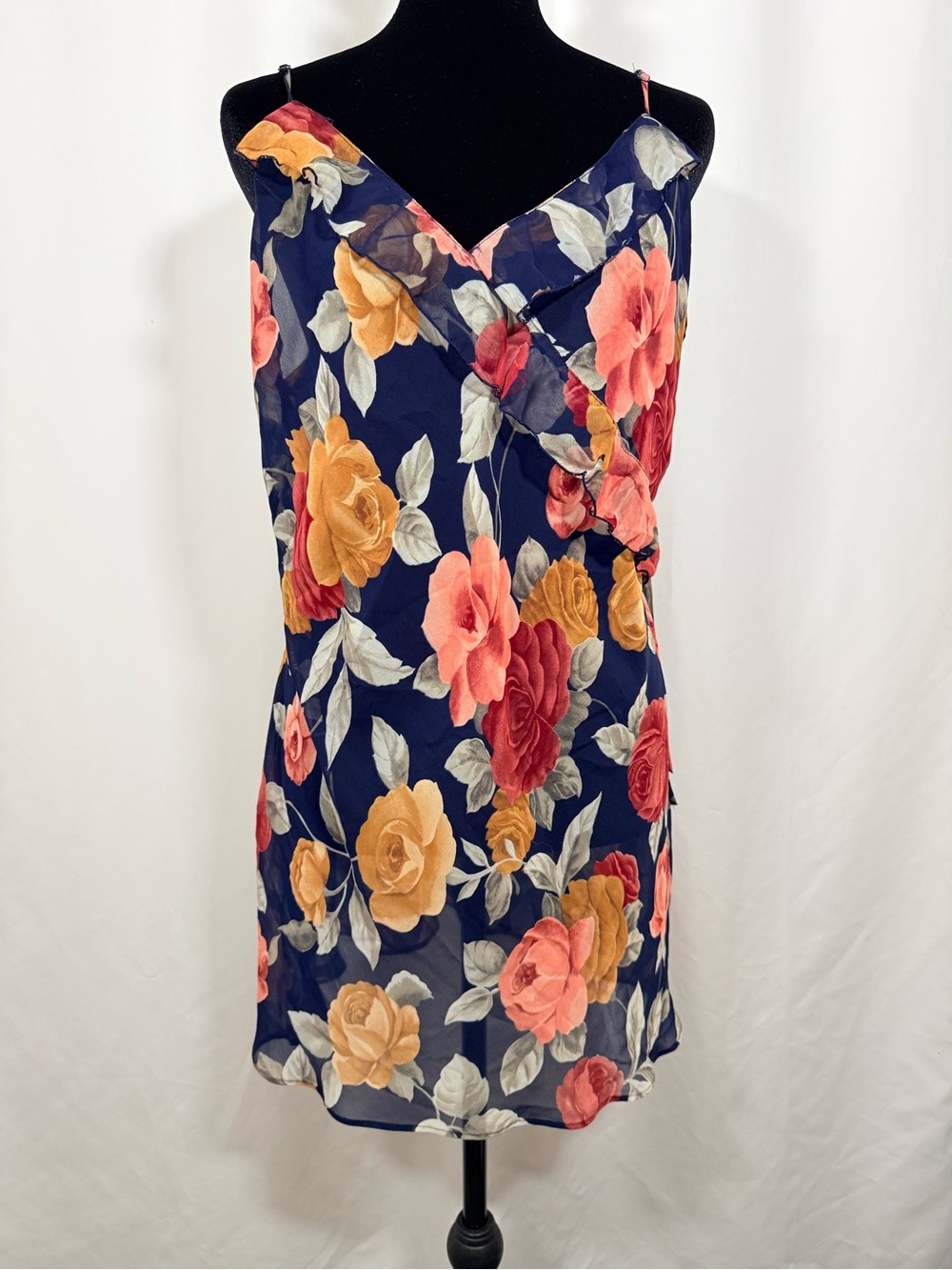 VNTG Victoria's Secret Navy Floral Satin Slip with Pink & Gold Roses